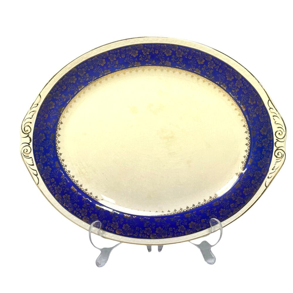 Craftsman Dinnerware Vintage Cobalt Blue 18K Gold Floral 13" Oval Platter USA